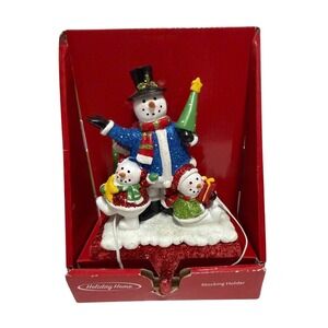 Holiday Home Snowman Family Christmas Stocking Holder Glitter Weighted Base NEW